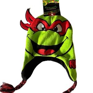 Teenage Mutant Ninja Turtles TMNT Raphael Knit Beanie Hat With Braids Kids NWT